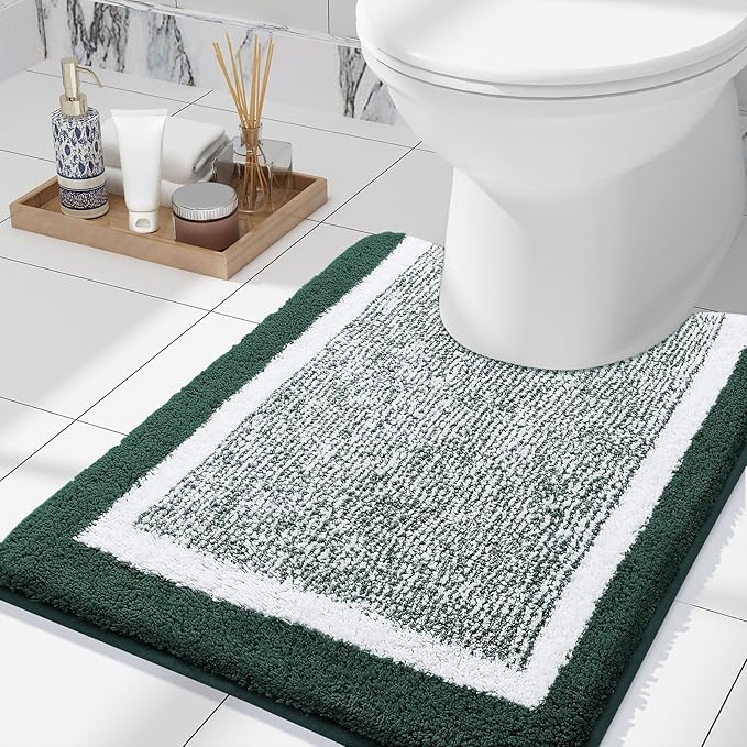 OLANLY Toilet Rugs U-Shaped 24x20, Extra Soft and Absorbent Microfiber Bathroom Rugs, Non-Slip, Machine Wash Dry, Plush Shaggy Contour Bath Mats for Toilet Base (Blackish Green and White)