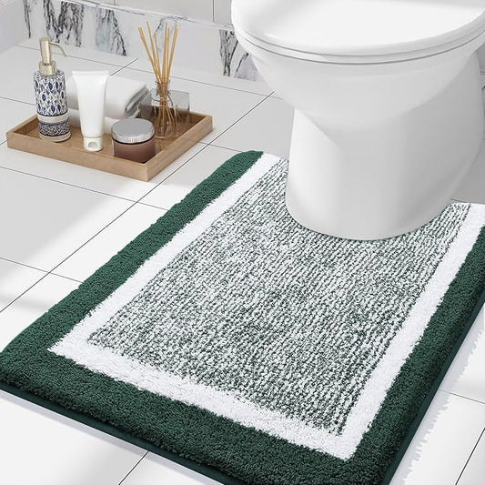OLANLY Toilet Rugs U-Shaped 24x20, Extra Soft and Absorbent Microfiber Bathroom Rugs, Non-Slip, Machine Wash Dry, Plush Shaggy Contour Bath Mats for Toilet Base (Blackish Green and White)