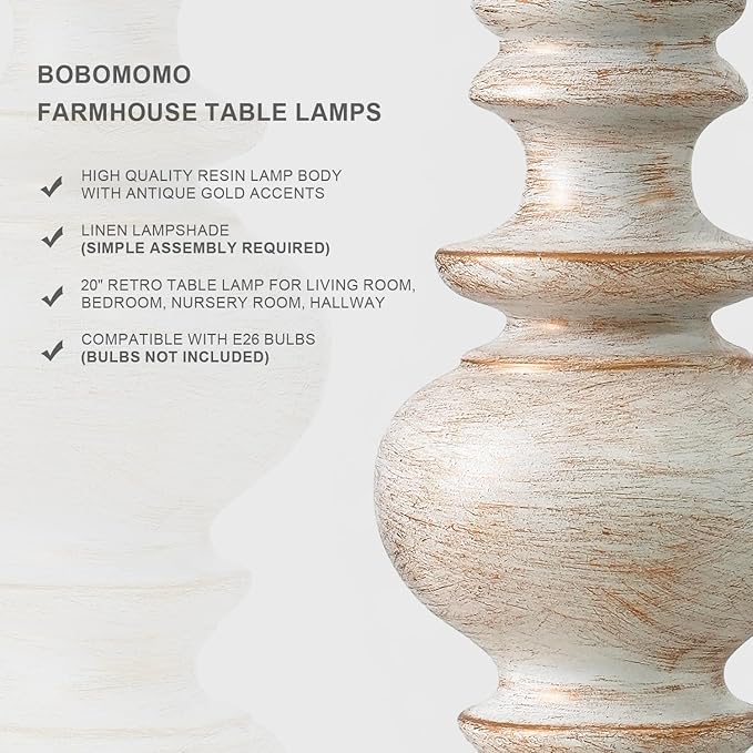 BOBOMOMO 20" Retro Table Lamps Set of 2 - Farmhouse Lamp for Living Room with Linen Shades, Rustic Bedside Nightstand Lamps, Resin Lamps for Bedroom Nursery Room Hallway - Ideal for Compact Spaces