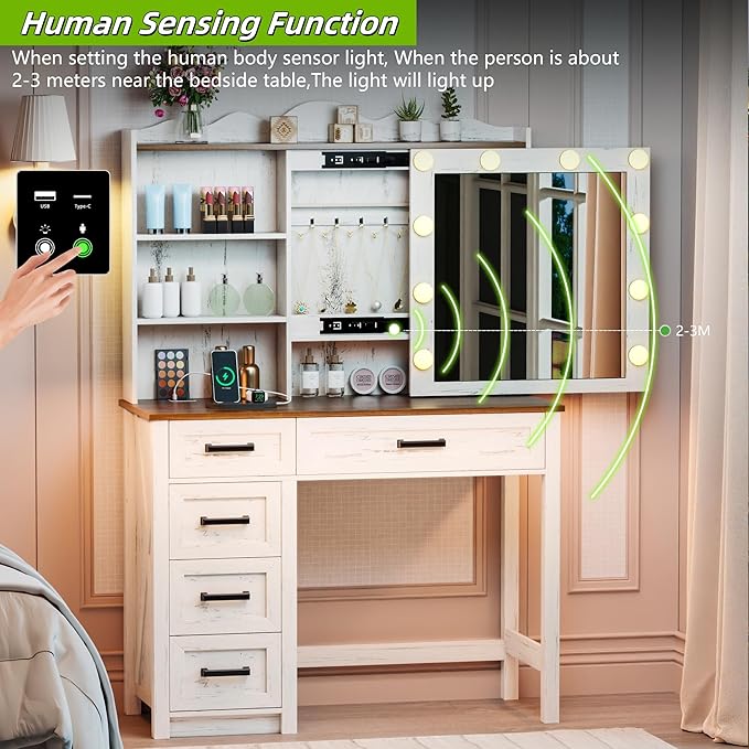 Makeup Vanity, Farmhouse Vanity with Sliding Mirror & 3 Levels of Open Storage Shelves, 35'' Intelligent Makeup Desk with Multi-Functional Charging Station & Hidden Storage for Bedroom, White