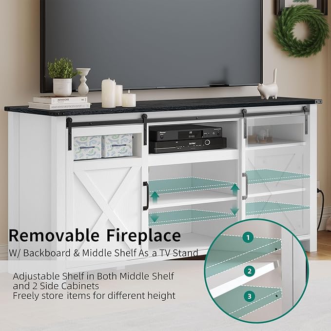 YITAHOME TV Stand for 75 Inch TV with Power Outlets, Farmhouse Entertainment Center with Sliding Barn Doors & Adjustable Shelves, TV Media Console Storage Cabinet for Living Room, Bedroom, White/Black