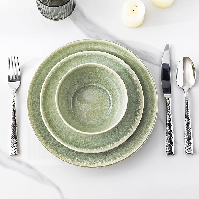 AmorArc Ceramic Dinnerware Sets for 6, 18 Pieces Handpainted Plates and Bowls Set, Scratch Resistant Stoneware Dishes Set, Dishwasher & Microwave Safe, Olive Green