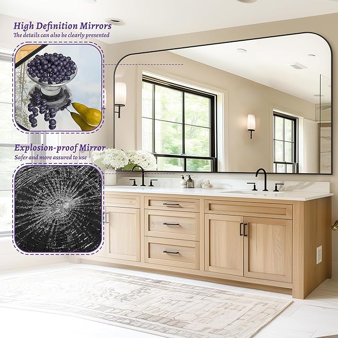 Bathroom Mirror, Wall Mirrors, Black Metal Framed Wall-Mounted Mirrors, Bathroom Vanity Mirror for Over Sink, Living Room, Bedroom, Entryway, 60x36 Inch, Black