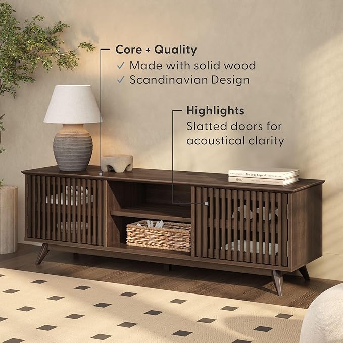 Plank+Beam Mid-Century Modern Wood TV Stand, Solid Wood Entertainment Console with Storage, 59" L x 16" W x 19" H, Walnut