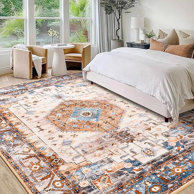 5x7 Area Rugs for Living Room, Non Slip Vintage Floral Rug for Bedroom Dining Room, Low Pile Indoor Carpet for Nursery, Kitchen, Office Home Decor, Orange