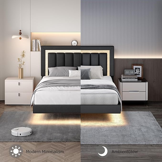 HOMBCK Floating Bed Frame Queen with Smart LED Lights, Faux Leather Upholstered Bed Frame Queen with Diamond Headboard, No Box Spring Needed, Noise Free, Easy Assembly, Black