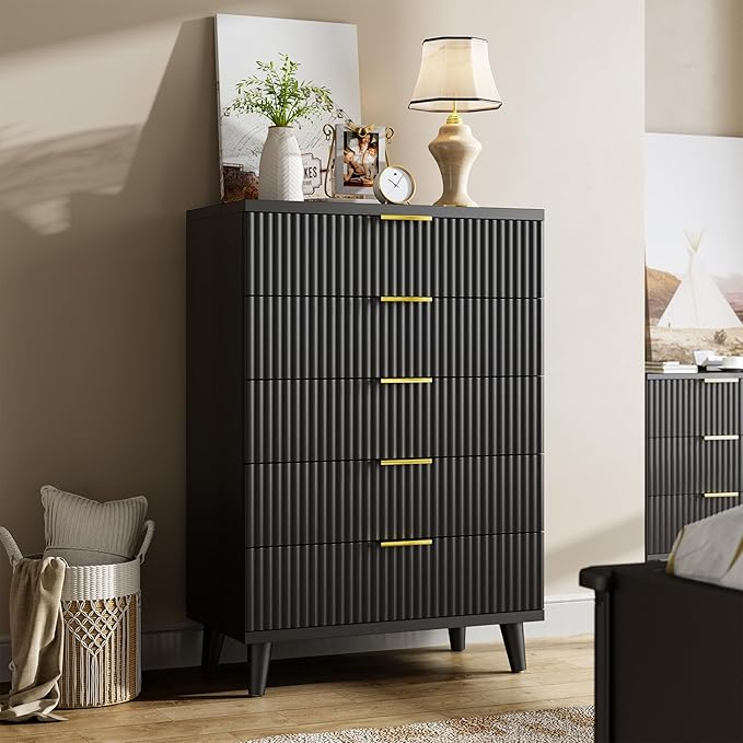 Lulive Black Dresser for Bedroom Wood Tall Dressers Drawers, Fluted Modern Dresser 5 Drawers Black
