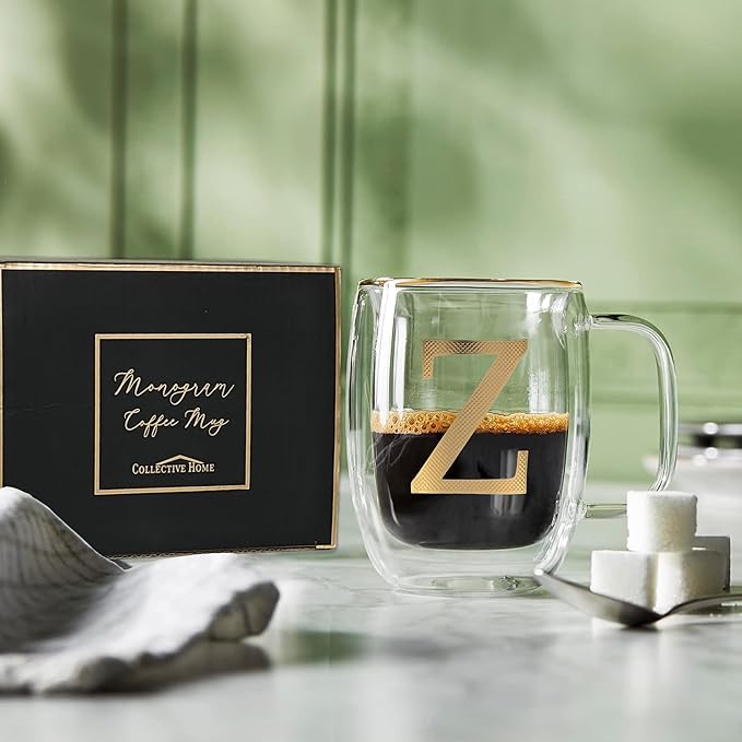 COLLECTIVE HOME - Double Walled Glass Coffee Mugs, Insulated Coffee Mug with Handle, Personalized Gifts for Women, Men, Christmas, 14 oz Monogram Cups (Z)