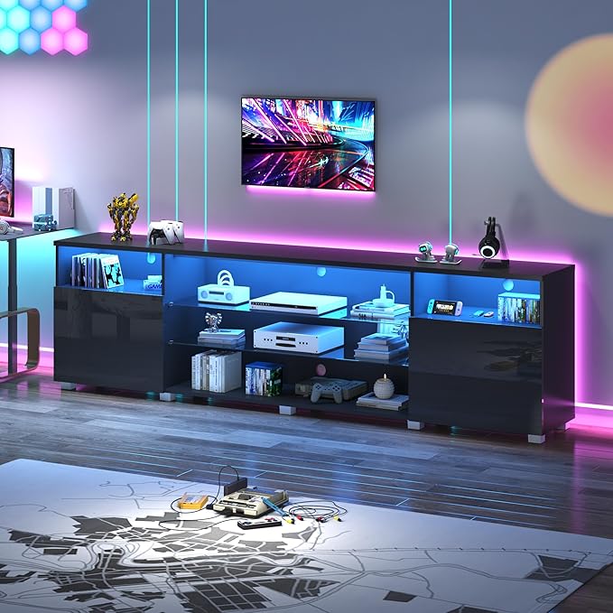 St.Mandyu LED TV Stand for 75/85/90 inch TV, Modern Television Table Center Media Console with Drawer and Led Lights, High Glossy Entertainment Center for Living Game Room Bedroom(Black)