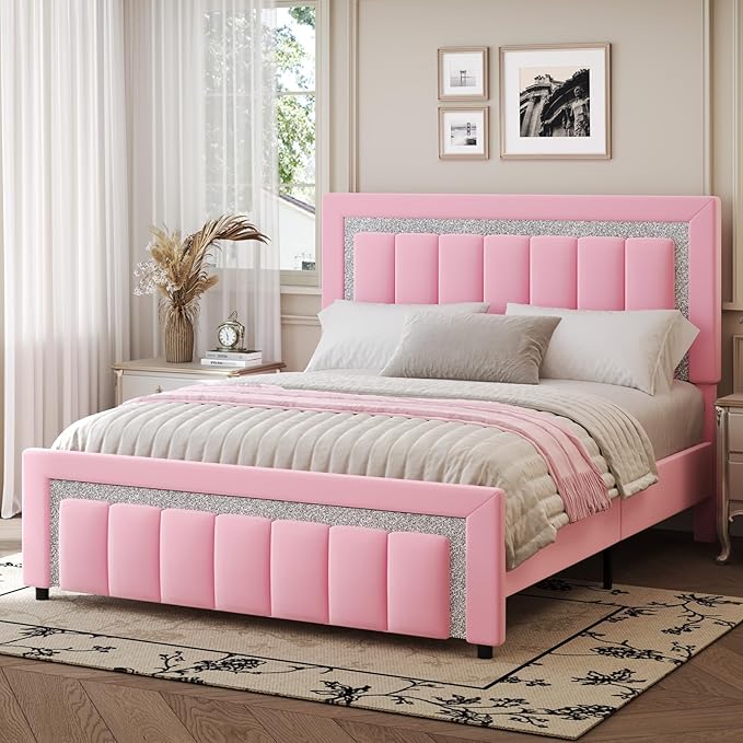 HOMBCK Full Size Bed Frame with Diamond Headboard, Upholstered Platform Bed with Velvet Headboard and Footboard, Full Bed Frame with Wooden Slats, No Box Spring Needed, Easy Assembly, Pink