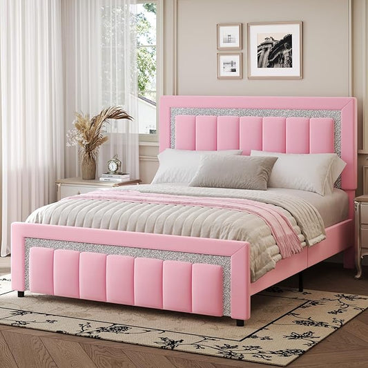HOMBCK Queen Bed Frame, Upholstered Bed Frame with Diamond Headboard, Modern Queen Size Bed with Wooden Slats Support, Mattress Foundation, No Box Spring Needed, Easy Assembly, Pink