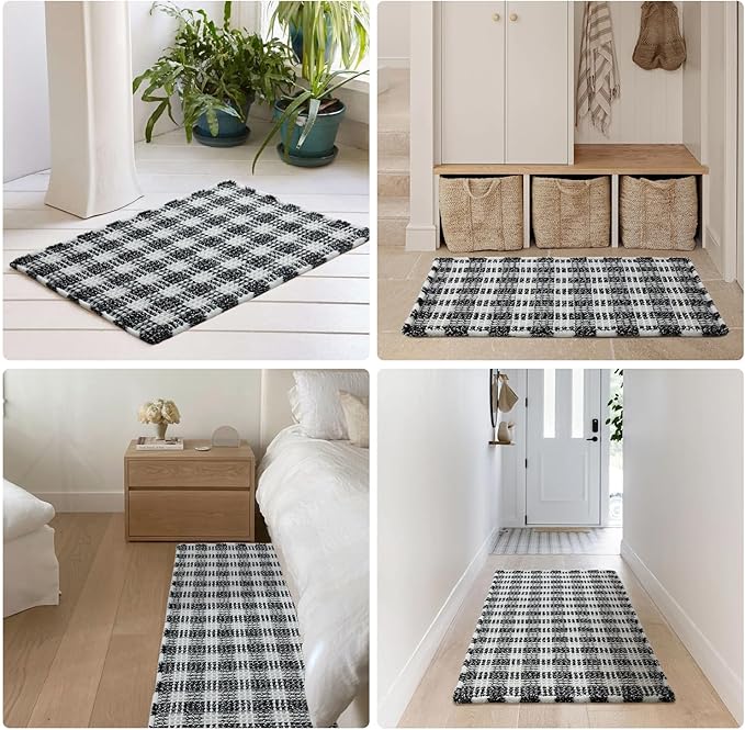Waffle Bath Mat, Boho Bathroom Rugs Non Slip Washable Absorbent Checkered Bathroom Mat Quick Dry Farmhouse Bathroom Decor, 36"x24" Black and White