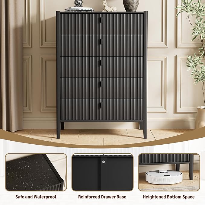 Black 5 Drawer Dresser, 31.5" Wide White Modern Dresser with Fluted Front & Metal Handles for Bedroom, Living Room