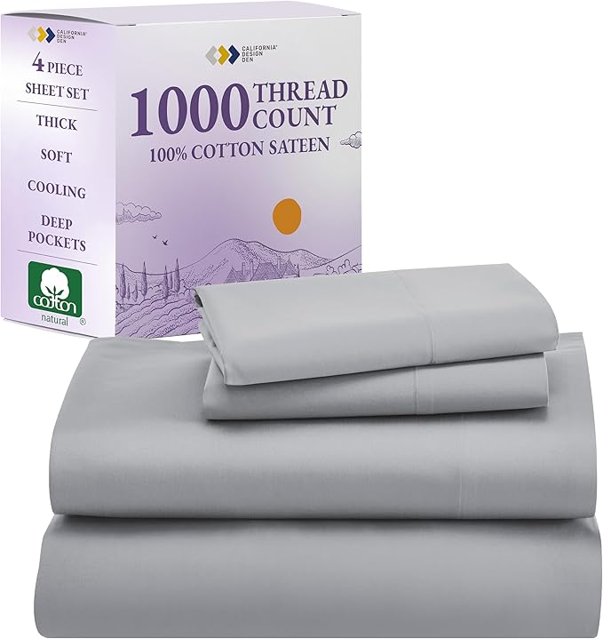 California Design Den Queen Sheet Set Deep Pocket - Luxury 1000 Thread Count Sateen, Thick and Natural 100% Cotton Bed Sheets, Soft, Breathable and Durable Bedding Set - Light Grey