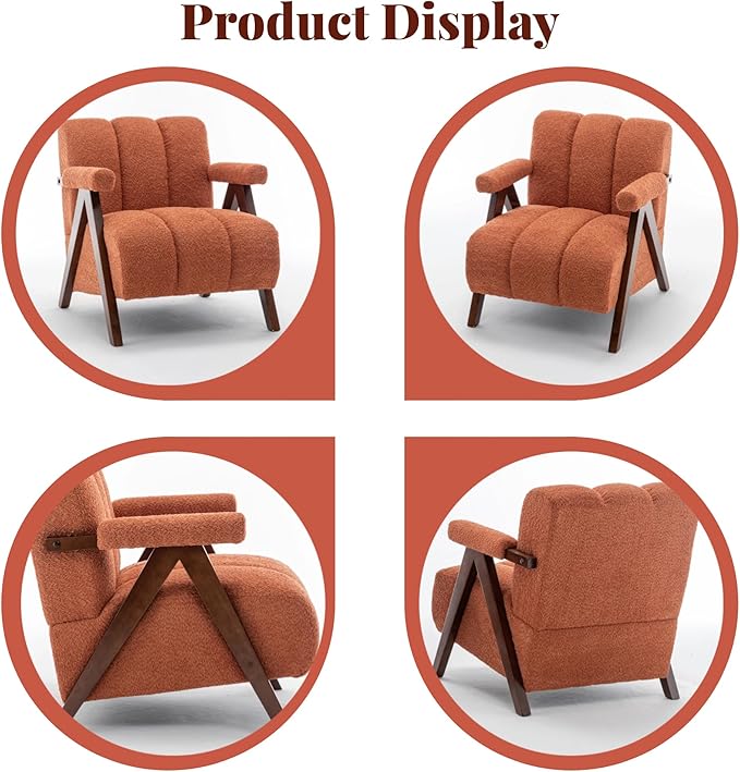 Mid Century Modern Accent Chair with Solid Wood Frame, Boucle Upholstered Living Room Chairs with Thick Cushion, Comfy Tufted Arm Chair for Bedroom, Orange