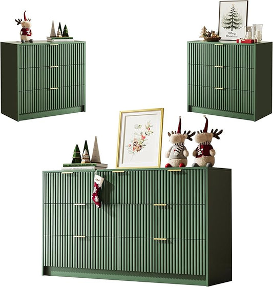 3-Piece Dresser Bedroom Set, 7 Drawer Dresser & 3 Drawer Nightstands with Gold Handles, Fluted Wood Chest of Drawers for Bedroom, Living Room, Entryway, Green