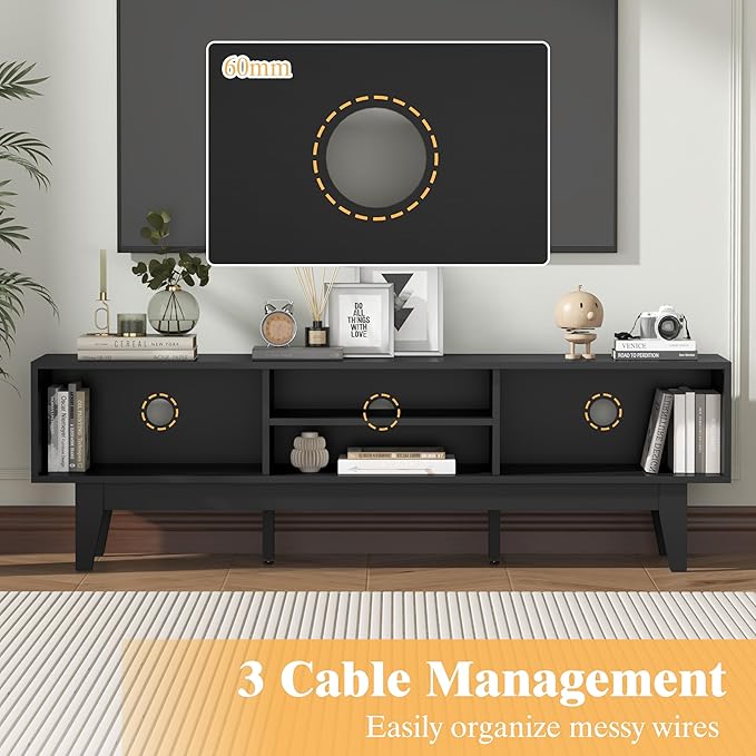 Wooden Fluted TV Stand for 55 65 70 inch TV, Long & Large TV Media Console Table with Storage Cabinets, Boho Farmhouse Entertainment Center for Living Room, Bedroom - Black