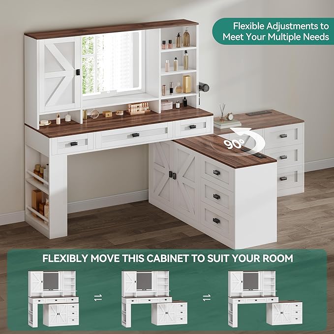 YITAHOME 48'' Farmhouse Makeup Vanity Desk with Mirror and Lights, 68'' 360° Rotation Big Modern Lighted Vanity Table with 6 Drawers & Lots Shelves, Rustic Large Dressing Table, Antique White