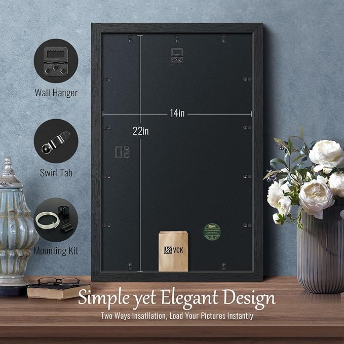 VCK 14x22 Picture Frame, Exclusive Black Woodgrain Poster Frame with Polished Plexiglass, Wall Hanging