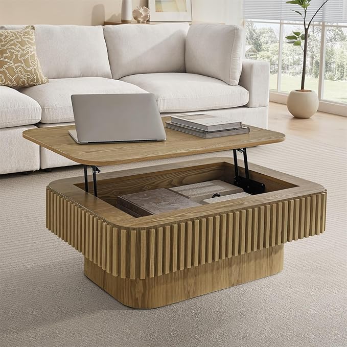 Lift Top Coffee Table for Living Room,Rectangle Handmade Solid Wood Strips, Fluted Coffee Table with Hidden Storage Compartment Small Space Office Apartment (38.6" L×26.8''W×13.8''H-Natural)