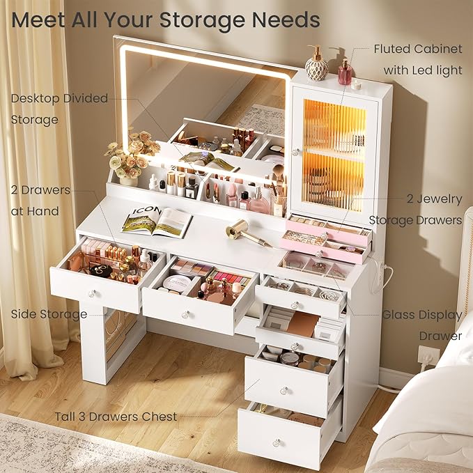 Makeup Vanity Desk with Mirror and Lights & Large LED Cabinet, Vanity Table with 2 Jewelry Boxes, 6 Drawers, and Built-in Shelves, Dressing Table with Power Outlets for Women Girls Bedroom, White