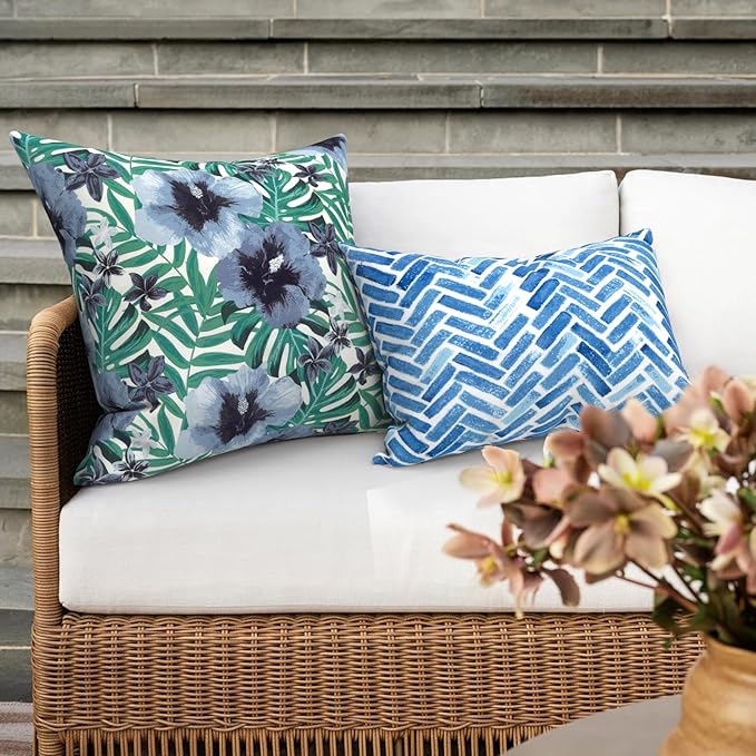 Outdoor/Indoor Throw Pillow Covers Set of 2, All Weather Square Pillow Cases 16x16 Inch, Patio Cushion Pillow of Home Furniture Use, Blue Salmone Tropical