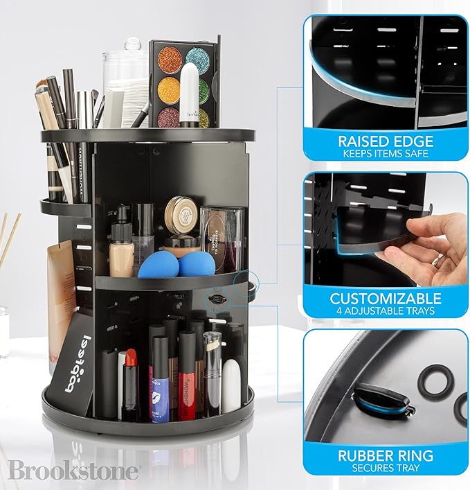 Brookstone 360° Spin Cosmetic Display Case for Vanity, Store Brushes, Lipsticks, and Other Fashion Accessories, Versatile Storage Solution, black