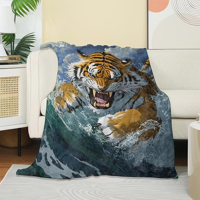 Fierce Tiger Blanket, Soft Cozy Warm Throw Blanket Gifts for Adults Kids Women, Lightweight Comfy Fuzzy Flannel Blankets for Couch, Travel, Car, Home Decor 60×50 Inch