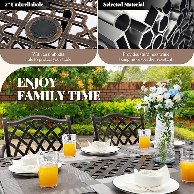 7 Piece Cast Aluminum Outdoor Dining Set Retro Patio Dining Set for 6 Includes 59’’ Rectangular Table and 6 Chairs with Removable Cushion and Umbrella Hole for Patio Deck Garden Porch