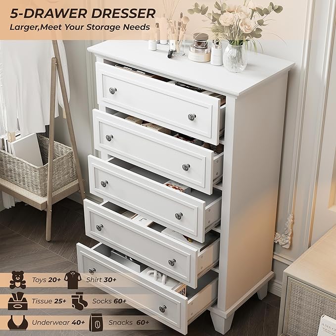 GAOMON White 5 Drawer Dresser for Bedroom, 48" Tall Wood Dresser & Chests of Drawers with Deep Drawers, Modern Chest Organizer with Metal Handles for Living Room, Hallway, Entryway