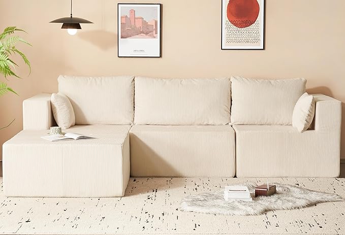 105" Cloud Sectional Sofa, L-Shape Sectional Couch, Modern Corduroy Sofa with Chaise Lounge, No-Assembly Required, Deep Seat Modular Cloud Couch for Living Room, Apartment, Beige