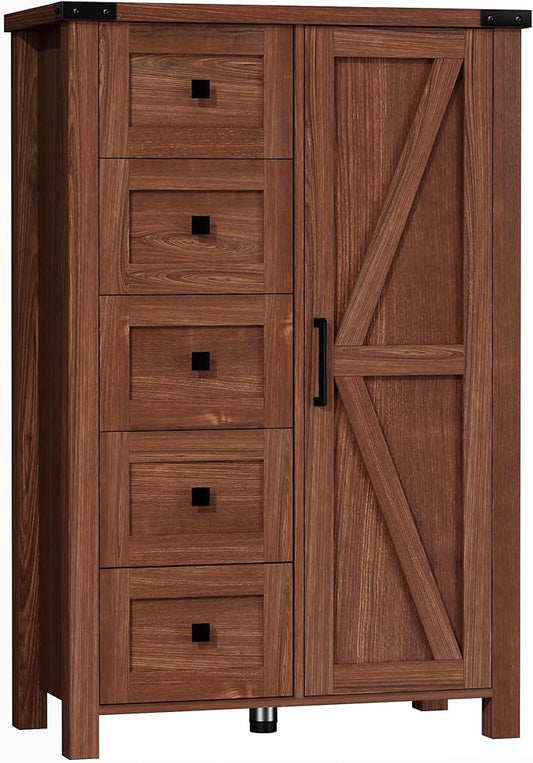 Farmhouse 48 Inch Tall Dresser Chest of Drawer for Bedroom, 5 Drawer Storage Cabinet with Barn Door, Adjustable Shelves, Rustic, for Living Room, Entryway, Hallway, Cherry Wood
