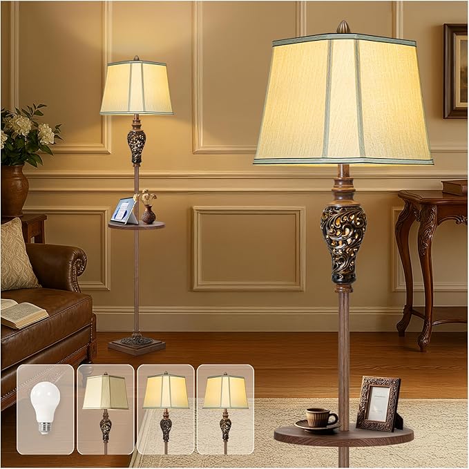 65" High Vintage Floor Lamp with Night Light and Glass Tray, Farmhouse Standing Lamp with Beige Faux Silk Shade, Retro Rustic Tall Lamp Decor for Living Room, Bedroom, Bedside, Corner (Bulb Included)