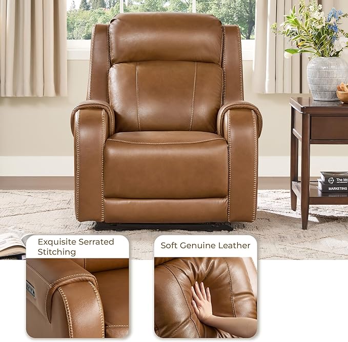 CHITA Genuine Leather Power Recliner Chair for Adults, Electric Wall Hugger Recliner with Adjustable Power Headrest & USB/Type-C Ports, Compact for Small Spaces & Living Rooms, Saddle Brown