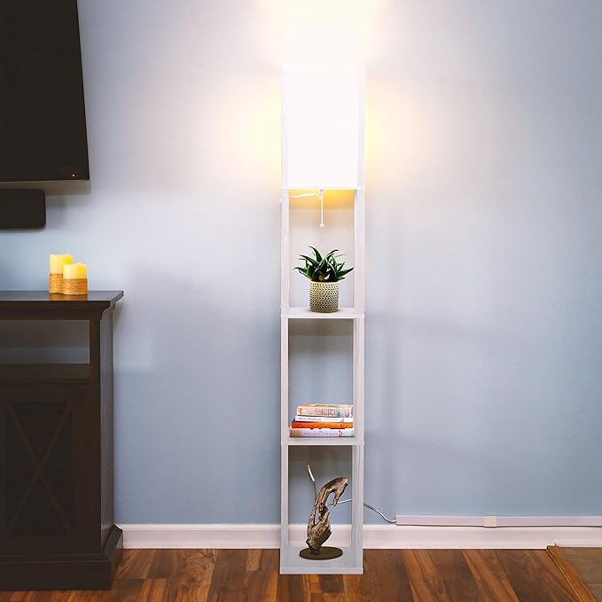 Brightech Maxwell - Modern Shelf Floor Lamp with Lamp Shade and LED Bulb - Corner Display Floor Lamps with Shelves for Living Room, Bedroom and Office - White