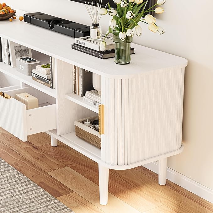 TV Stand 62.4 Inch Mid Century Modern Media Console Table with Drawer Sliding Tambour Door Farmhouse Sideboard Buffet Cabinet Fits TVs up to 75 inch Fluted Wood Entertainment Center(White)