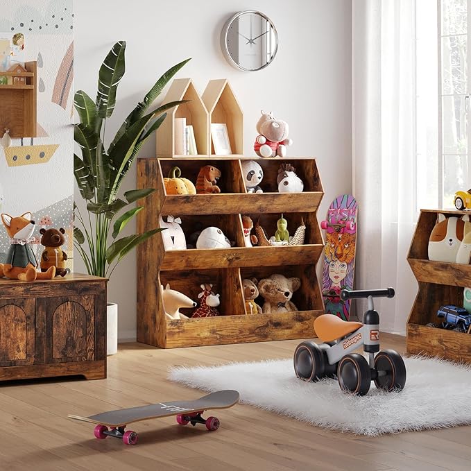 DINZI LVJ Toy Storage Organizer, Kids Bookshelf, Wooden Toy Storage Cabinet, 6 Cubby Children Bookcase, 35.4" L Toddler Book Shelf for Playroom, Living Room, Nursery, Hallway, School, Rustic Brown