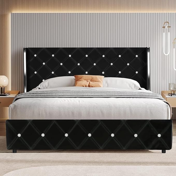 HOMBCK Queen Bed Frame with Headboard, Velvet Upholstered Bed with Wingback and Diamond Tufted Design, Wood Slat Support, No Box Spring Needed, Black