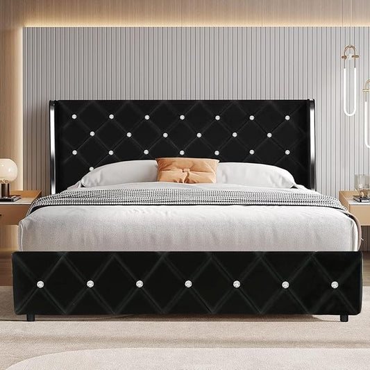 HOMBCK Queen Bed Frame with Headboard, Velvet Upholstered Bed with Wingback and Diamond Tufted Design, Wood Slat Support, No Box Spring Needed, Black