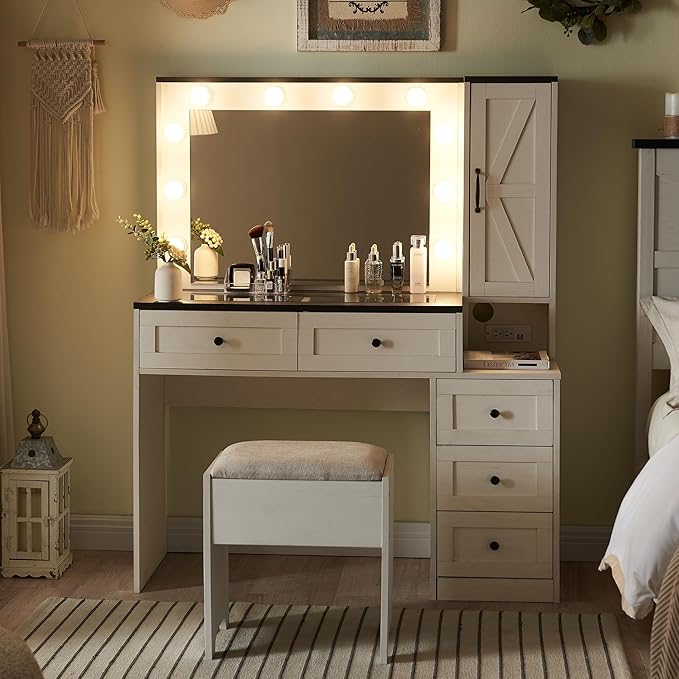 Farmhouse Vanity Desk with Mirror and Lights, 43" Wide Makeup Vanity with Glass Tabletop and Charging Station, Modern Vanity Table Set with Storage and Stool for Bedroom, Off White