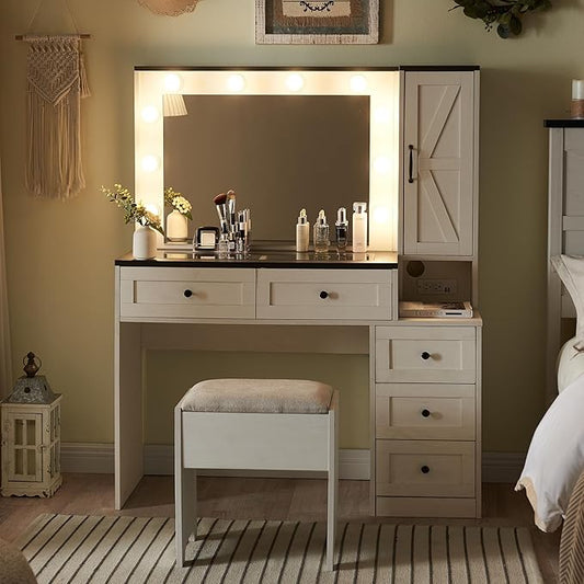 Farmhouse Vanity Desk with Mirror and Lights, 43" Wide Makeup Vanity with Glass Tabletop and Charging Station, Modern Vanity Table Set with Storage and Stool for Bedroom, Off White