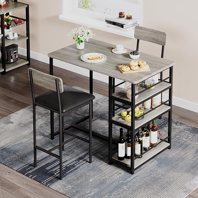 GAOMON Dining Table Set for 2, Kitchen Table and Chairs for 2 with Upholstered Chairs, 3 Piece Counter Height Bar Kitchen Table Set with 3 Storage Shelves for Small Space, Apartment, Rustic Gray
