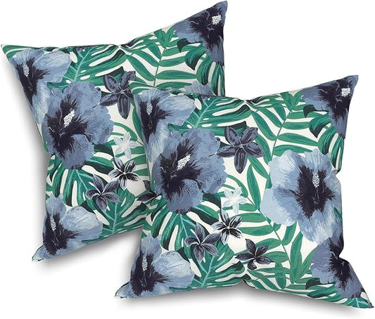Outdoor Throw Pillows 16x16 Inch, Water Repellent Patio Pillows with Inners Set of 2, Outdoor Pillows for Patio Furniture Home Garden, Blue Salmone Tropical