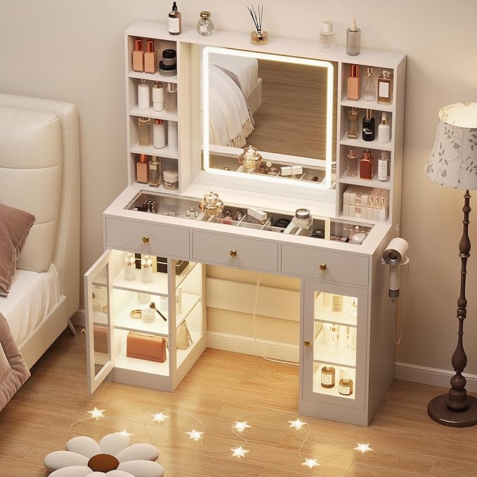 White Vanity Desk with Mirror and Lights, Glass Top Vanity with Lighted Mirror & RGB Cabinet and 3 Drawers, Dressing Table with 8 Shelves, Makeup Desk with Lights for Girls Bedroom, 3 Color Modes
