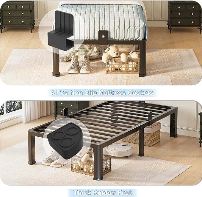 14 inch Twin Bed Frame with Rounded Corner Legs and Headboard Hole Mattress Slide Stopper 3500 LBS Heavy Duty Support Metal Platform,No Box Spring Needed, Noise Free, Easy Assembly
