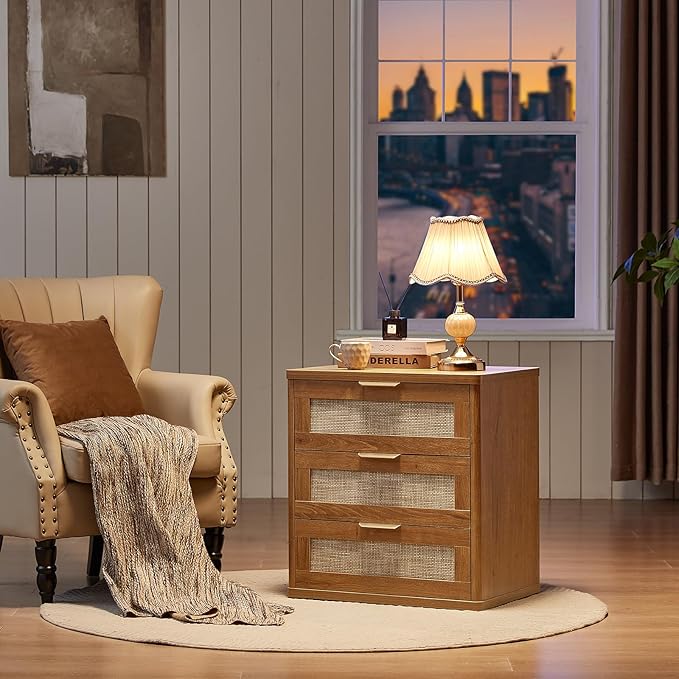 LEYAOYAO Rattan Night Stand with Drawers, 23" Large 3 Drawer Boho Nightstand, Natural Wood Bedside Table Storage Cabinet, Bed Side End Tables Dresser for Bedroom, Living Room, Hallway, Closet