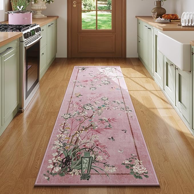 Runner Rug 2x6 Chinoiserie-Style Floral Vintage Kitchen Rugs Non Slip Washable with Rubber Backing Soft Carpet for Laundry, Bedroom, Bathroom, Pink