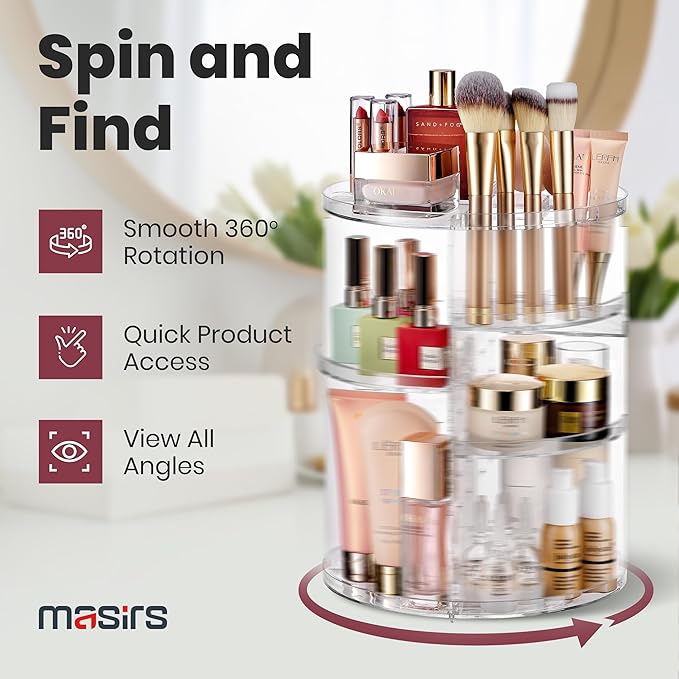 Masirs 360 Rotating Makeup Organizer - Adjustable Shelf Height and Fully Rotatable - The Perfect Round Spinning Cosmetic Organizer for Bedroom Dresser or Vanity Countertop Storage (Clear)