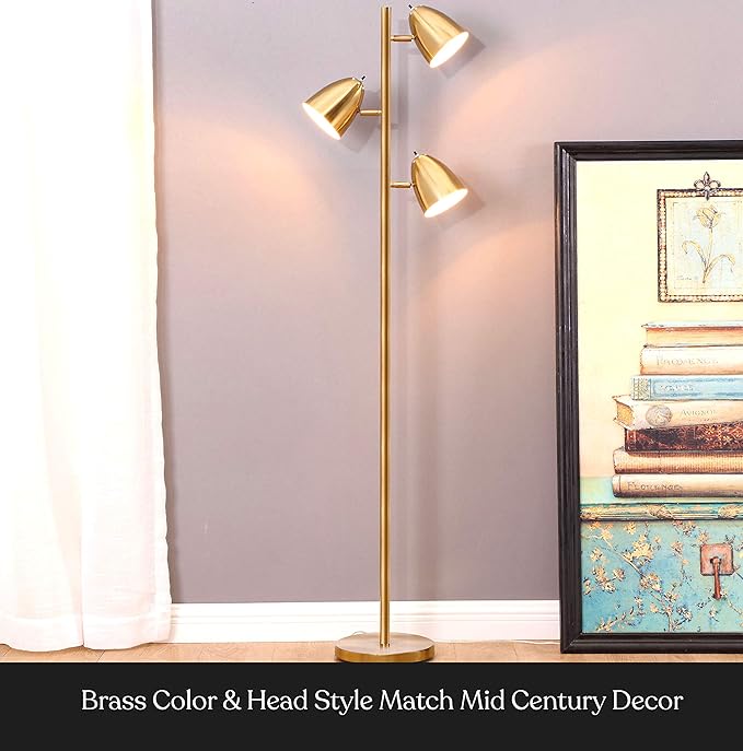 Brightech Jacob LED Standing Lamp, Modern Bright Floor Lamps for Living Rooms & Bedrooms, Tall LED Lighting Lamp with Adjustable 3 Light Tree – Antique Brass/Gold