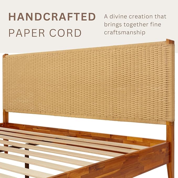 Bme Selina King Bed Frame and Headboard - Handcrafted Paper Cord Headboard, 12-Slat Support, No Box Spring Needed - Easy Assembly, Caramel